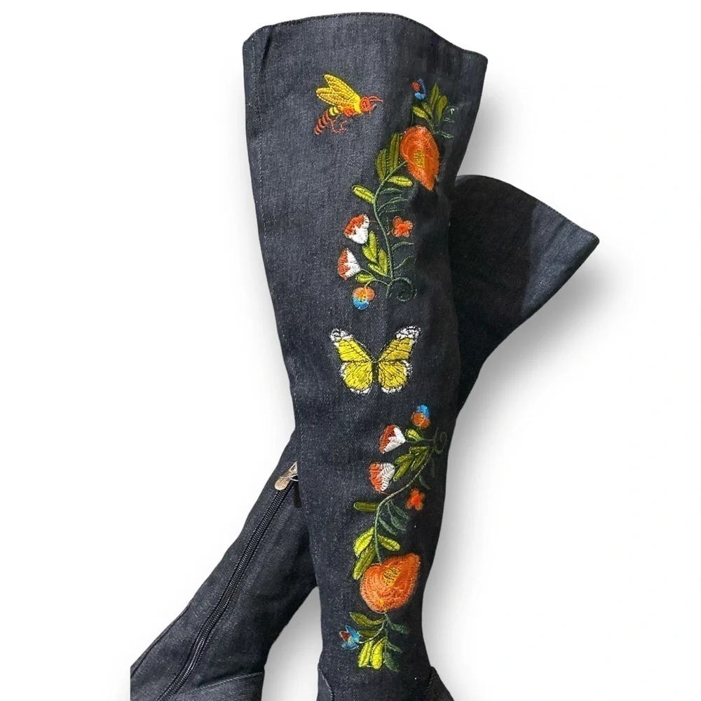 Vintage Denim Over the Knee Slouchy Boot Embroidered Butterflies Point Toe Size7